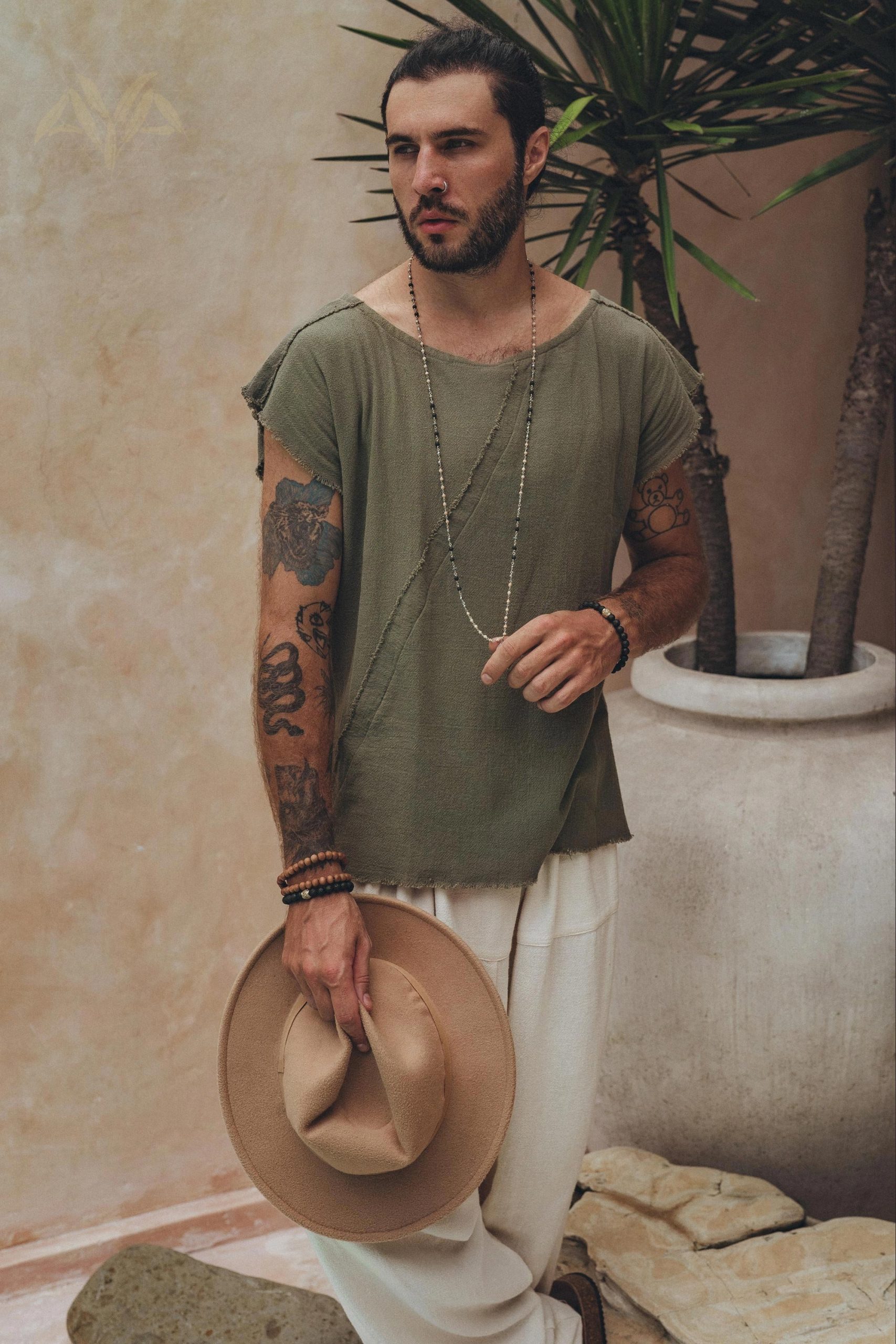 Sage Green Handmade Shirt Boho Tribal Wide Neck