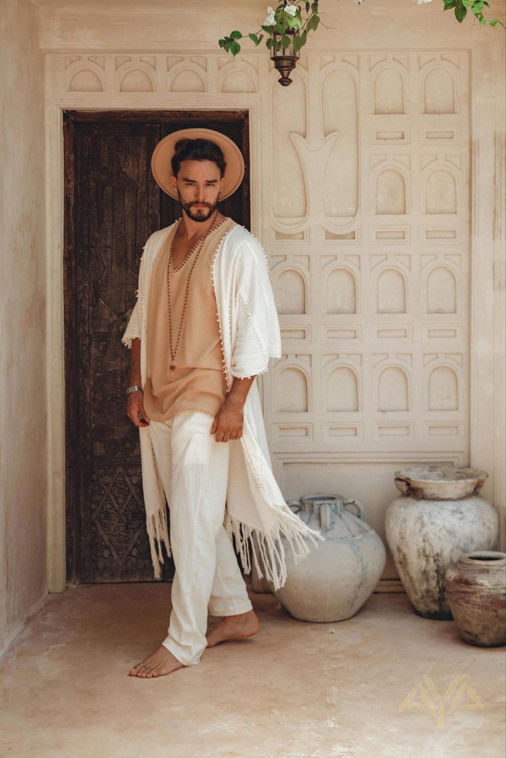 Off White Long Cotton Pants Men Wide Leg