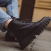 Handmade Black Leather Work Boots Lace Up Combat